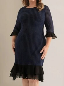 EMERY ROSE Plus Size Elegant Colorblock Striped Patchwork Ruffle Hem Dress - Multicolor - View 1