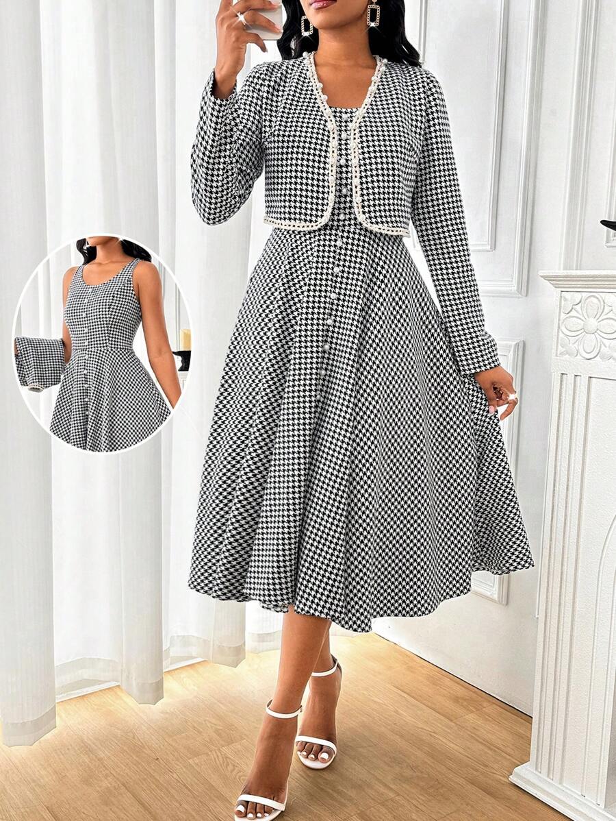 SHEIN Lady 2 件套女士纯色拼布长袖夹克和连衣裙套装，简约 - 黑色 - 查看 1