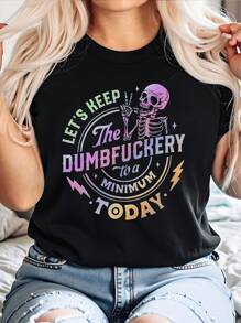 Flirla 大码休闲圆领短袖字母印花简约 T 恤，日常穿着，适合夏季 - 黑色 - 查看 1