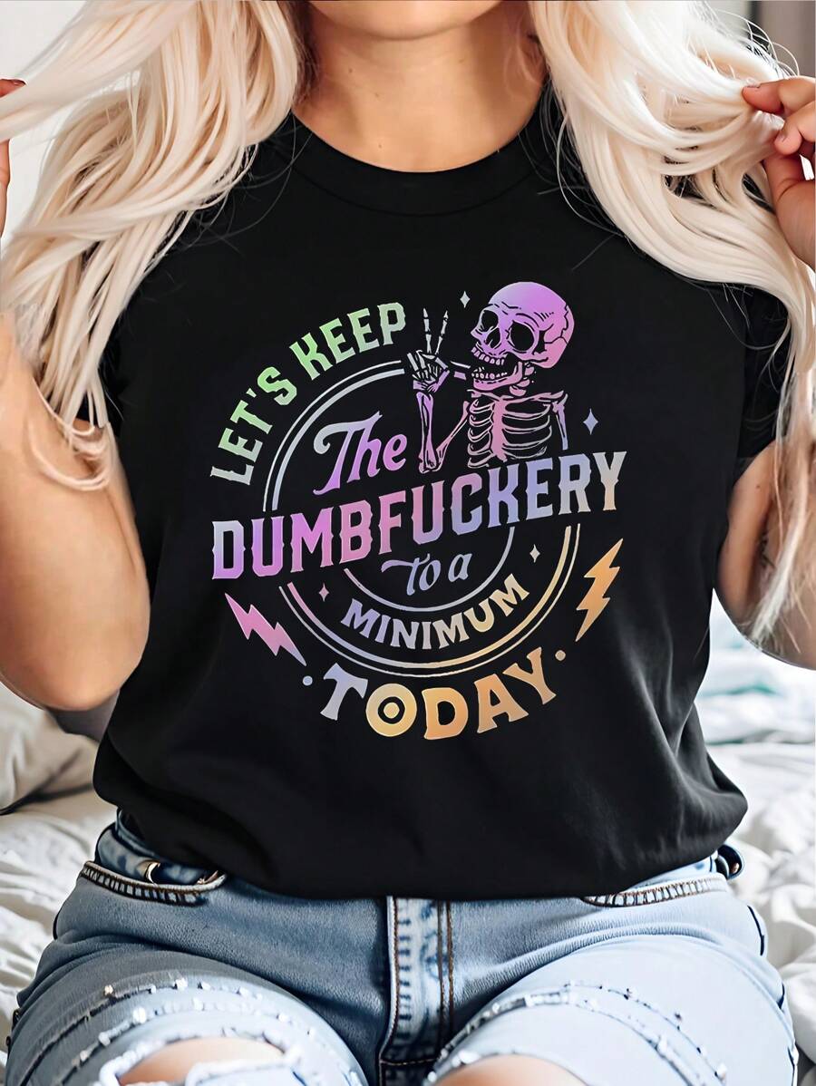 Flirla 大码休闲圆领短袖字母印花简约 T 恤，日常穿着，适合夏季 - 黑色 - 查看 1