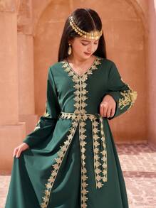 Tween Girl Patchwork Metallic Yarn Knit Dress - Green - View 4