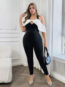 SHEIN Unity Plus Size Women Elegant Knitted Black & White Rhinestone Buckle Belted Jumpsuit - Black and White - View 3