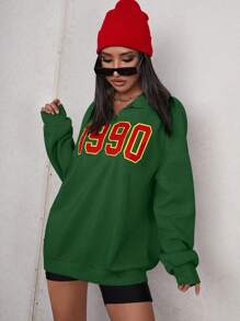 SHEIN EZwear Sudadera oversize con cuarto de cremallera y estampado de números, para otoño/invierno - Verde Oscuro - Ver 3
