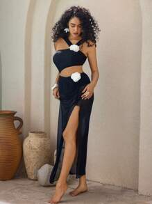 Swim Oasis Summer 2pcs Solid Color Thick Strap Maxi Swimsuit Cover-Up & High Waist Skirt Set - Black - View 8