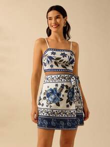 CAJUNI Top de tirantes de mujer con estampado tropical floral bohemio y cordones, camiseta casual de verano para vacaciones y playa