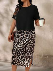 SHEIN LUNE Plus-Size Women'S Boho Summer Black T-Shirt + Leopard Print Side Slit Skirt Casual Women'S 2-Piece Set
