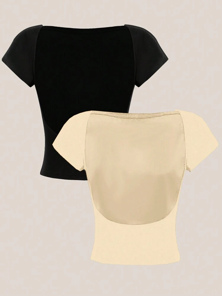 SHEIN EZwear 2 pièces/set T-shirt court ajusté à encolure ras du cou sans dos et manches courtes pour femmes, convient pour l'été - Multicolore - Voir 1