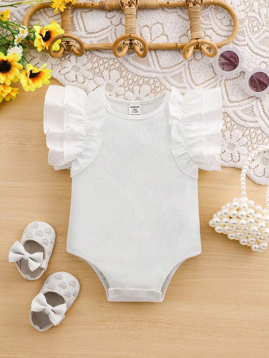 SHEIN Baby Girl Cute Casual Ruffled Knitted White Bodysuit - White - View 1