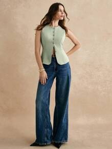 Poéselle 女式无袖纯色口袋衬衫，休闲简约风格，适合日常穿着 - 薄荷綠 - 查看 5