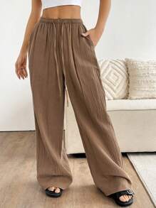SHEIN EZwear Women's Solid Color Tie Waist Straight Leg Textured Loose Pants