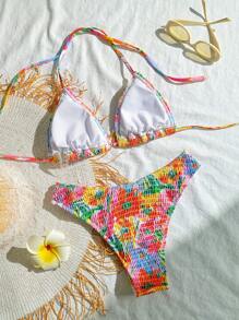 SHEIN Swim 2pcs/Set Women Pink Boho Flower Random Print Halter Strappy Triangle Top And High Waist Bottoms Bikini Summer Beach Vacation Holiday Swimwear - Multicolor - View 2