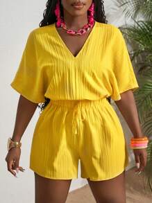 Slaydiva 春夏新款休闲度假优雅基础款V领插肩袖收腰A字短裤黄色波浪条梭织女式连体裤 - 黃色 - 查看 3