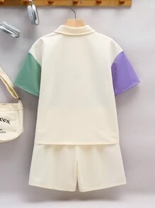 SHEIN 2pcs Tween Boys Casual School/College Contrast Color Block Polo Collar Shirt With Shorts Set, Suitable For Commuting, School, Everyday Casual, Sports, Spring/Summer