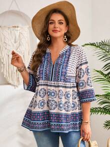 EMERY ROSE 大码V领拼接印花简约休闲衬衫，适合度假女性，夏季穿着 - 彩色 - 查看 5