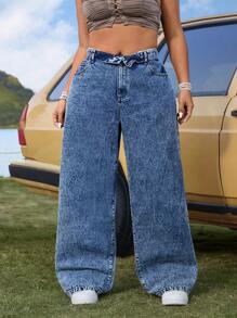 Breezaya 大码口袋休闲宽松直筒裤，日常穿着 - 深色水洗藍 - 查看 1