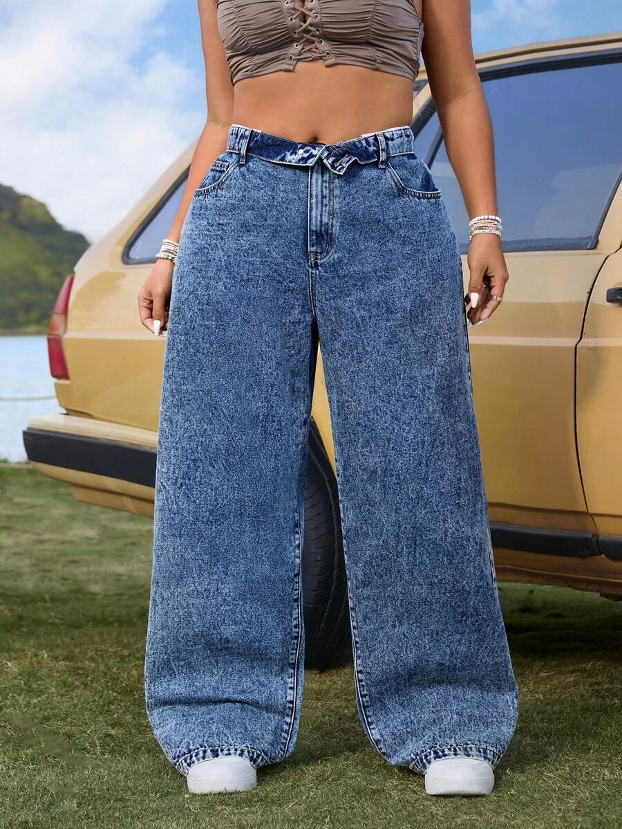 Breezaya 大码口袋休闲宽松直筒裤，日常穿着 - 深色水洗藍 - 查看 1