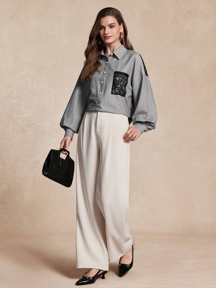 SHEIN Unity قميص شريطي بتباين الدانتيل للسيدات، عصري وأنيق للاستخدام اليومي - رمادي - مشاهدة 4