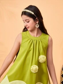 Tween Girl Green & Yellow Patchwork 3D Floral A-Line Dress