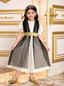 SHEIN Young Girls Chiffon Polka Dot Contrast Mesh Dress, Vintage Gold Polka Dots Puff Sleeve A-Line Dress With Golden Woven, Matching Family Vacation, With Golden Woven, Sibling Outfits, Sisters Outfit, Suitable For Girls Daily Wear, Festivals, Family Gatherings And Special Occasions, Sibling Outfits Sisters Ramandan Style Outfit, Spring And Summer, Cute & Elegant & Sweet & Vintage & Fashionable.Mom And Daughter & Sisters Matching. - Black and White - View 7