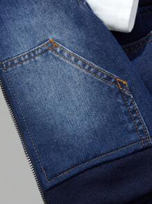 SHEIN 2 件套年轻男孩街头酷蓝色牛仔连帽无袖背心和罗纹松紧腰慢跑裤套装，适合儿童日常穿着和街头装