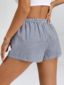 SHEIN PETITE Quần short cạp trễ kẻ sọc cho kỳ nghỉ hè trên bãi biển - Màu xanh hải quân - Xem 2