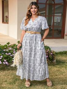 SHEIN LUNE Vestido casual de manga corta con escote en V con estampado integral para mujer de talla grande. Vestido de verano bohemio y boho, atuendos de verano "Old Money", atuendos de primavera y verano para festival y spring break - Multicolor - Ver 1