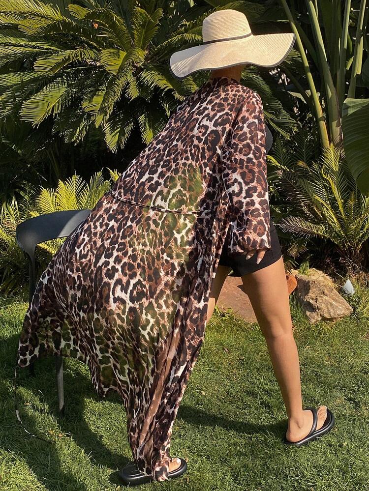 Leopard Print Loose Long V-Neck Long Sleeve Belted Casual Summer Shirt For Women