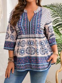 EMERY ROSE 大码V领拼接印花简约休闲衬衫，适合度假女性，夏季穿着 - 彩色 - 查看 3