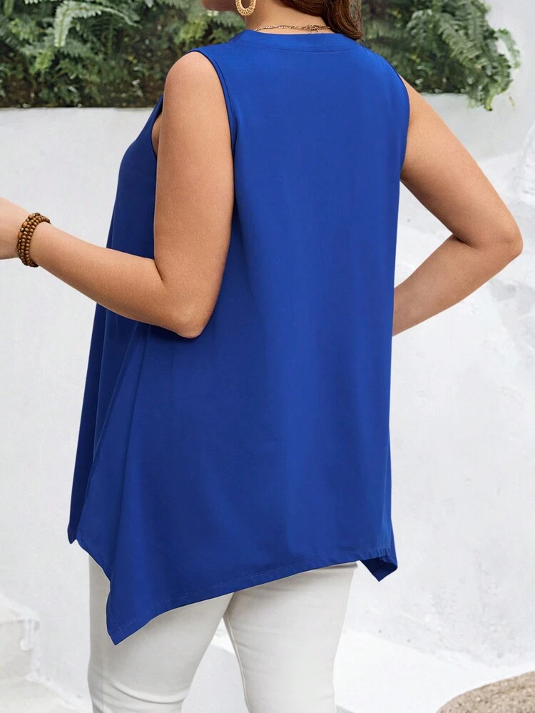 Plus Size Plain Notched-Neck Sleeveless Minimalist Top, Casual Everyday Wear,Boho For Women/Summer,Vacation