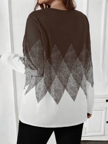 EMERY ROSE Women's Plus Size Long Sleeve Black & White Geometric Printed Fall Sweatshirt - Brown - View 2