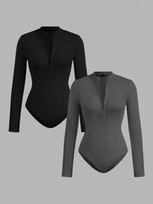 SHEIN EZwear 2 件套女士拉链高领紧身衣套装，休闲长袖紧身衣 - 彩色 - 查看 5