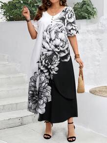 EMERY ROSE Plus Size Women Summer Floral Print Short Sleeve Boho Black And White Long Dress,Summer Dress,Vacation Outfits Woman - Black and White - View 2