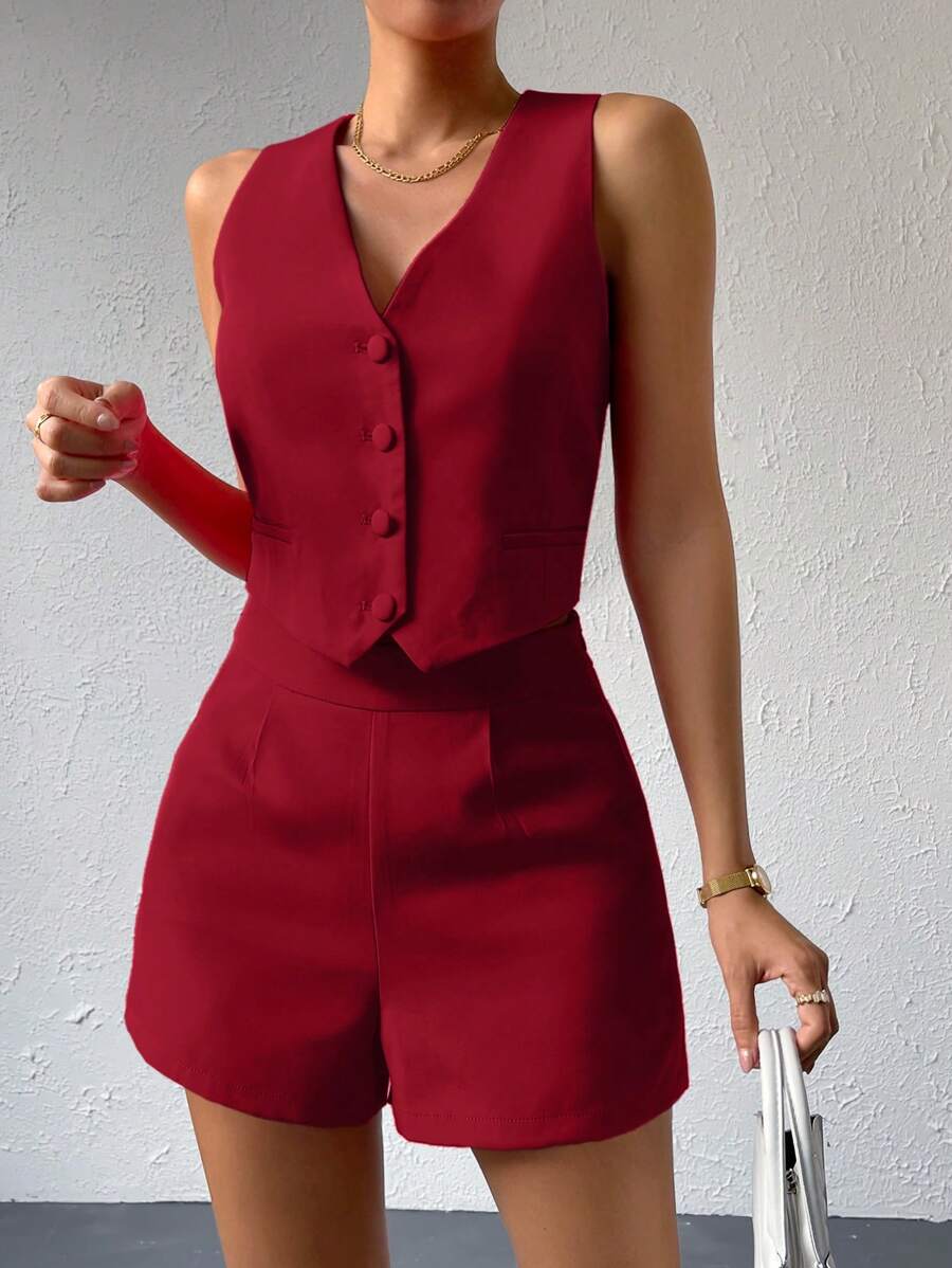 Aveloria Affinna Solid Button Front Waistcoat & Shorts Workwear 