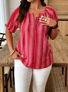 Weeklong Plus Size Striped Print Decorated Raglan Sleeve Shirt - Red and White - View 3
