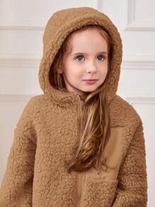 Cozy Pixies 女童厚款撞色连帽长袖开衫 - 駝色 - 查看 3