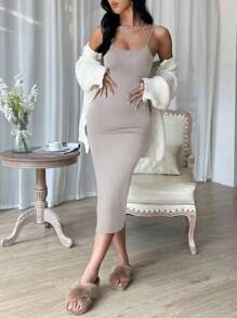 SHEIN Essnce Women's Solid Color Sleeveless Slim Fit Casual Midi Spaghetti Strap Dress With Slit Long Bodycon Spaghetti Strap Dress Bodycon Spaghetti Strap Dresses Spaghetti Strap Dresses For Women Elegant Women Midi Spaghetti Strap Dresses Classy Spaghetti Strap Dresses For Women - Light Grey - View 4