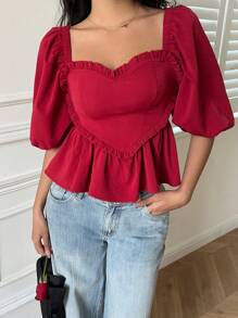 SHEIN Essnce Women's Solid Color Sweetheart Collar Short Sleeve Ruffle Hem Casual Blouse, Red Top