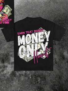 SHEIN Bolty Teen Girls MONEY Graphic Oversized Loose Fit Knitted T-Shirt, Casual & Simple, Suitable For Summer - Multicolor - View 3