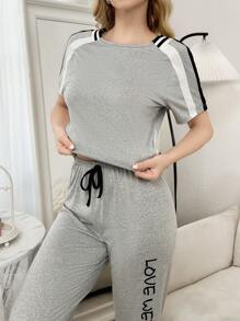 Contrast Panel Casual Letter Print Short Sleeve And Pants Pajama Set