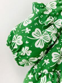 THE HAPPY LOOK Young Girls Vacation Casual Lucky Clover Print Puff Sleeve Dress