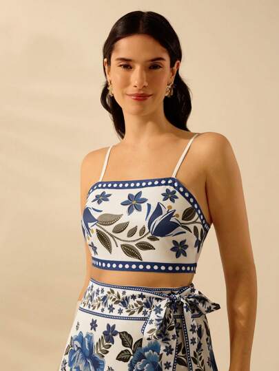 CAJUNI Women's Boho Tropical Flower Print Lace Up Tank Top , Vacation Casual Summer Beach Tank Top