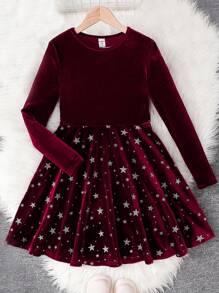 SHEIN Tween Girl 天鹅绒拼接圣诞星优雅 A 字形红色长袖连衣裙 - 紅色 - 查看 1