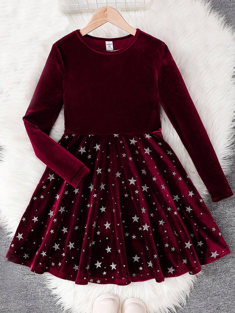 SHEIN Tween Girl 天鹅绒拼接圣诞星优雅 A 字形红色长袖连衣裙 - 紅色 - 查看 1