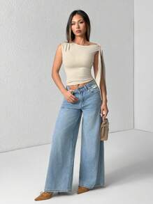 SHEIN PETITE 1pc Women's Solid Color Minimalist Oblique Collar Tied Blouse, Casual Daily Wear