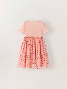 THE HAPPY LOOK Young Girls Round Neck Short Sleeve Babylock Knit Patchwork Heart Pattern Mesh Pink Dresses, Suitable For Spring For Valentine's Day