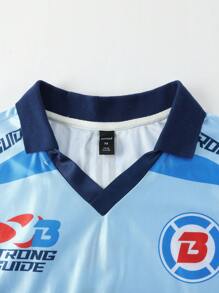 ROMWE MEN Prep Men's Jersey Loose Letter Print Short Sleeve Sports Polo Football Jersey Style Shirt, Streetwear Style - Blue - View 7