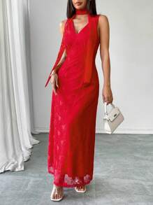 Elenzga 女士优雅 V 领腰部褶皱蕾丝细节吊带连衣裙，秋冬 - 紅色 - 查看 5