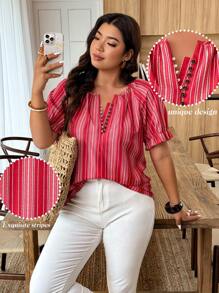 Weeklong Plus Size Striped Print Decorated Raglan Sleeve Shirt - Red and White - View 5