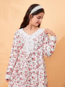 Tween Girl 花卉蕾丝边宽松长袖喇叭裙连衣裙，适合户外聚会，粉色 - 粉色 - 查看 2