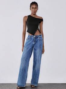 Chiquease Asymmetrical Hem Slit Back Elastic Knitted Fitted Women Tank Top - Black - View 5